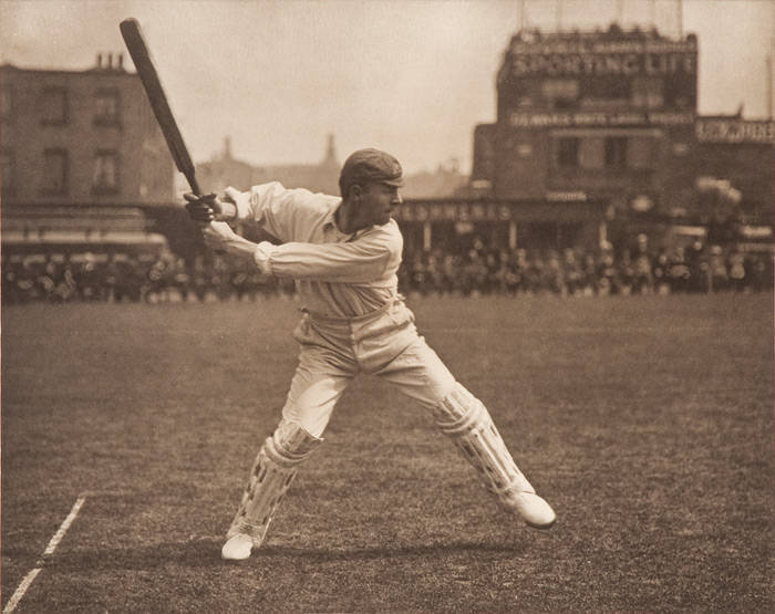 VICTOR TRUMPER, signature on lower right margin of superb half-tone offset lithographic print of Victor Trumper in full flight, by the photographer George W.Beldam, published by The Swan Electric Engraving Company, London, 1st August, 1905; image size 38x