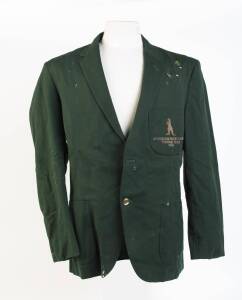 GRAEME LANGLANDS' AUSTRALIAN BLAZER, green wool with Kangaroo & "Australian Rugby League/ Touring Team/ 1969" wire embroidered on pocket. Poor/Fair condition (some holes). [Graeme Langlands retired as the most-capped player for the Australian team, with 4