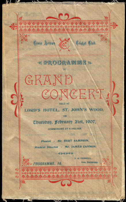 SILK PROGRAMS: c1907 & 1910 MCC Lord's, for the Cross Arrows Cricket Club; Menu "Farewell Dinner To J.B.Hobbs" July 17th 1935; Rothmans Test Cricket Almanac (2); Brian Close Benefit brochure; "Richmond's 100 Years of Cricket" by Percy Taylor (1954) Ex MCC