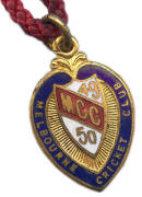 MELBOURNE CRICKET CLUB, membership badges (4) for 1949-50, 1954-55, 1955-56 & 1956-57; Prahran Cricket Club badges for 1938-39 & 1939-40; Carlton Cricket Club badges for 1938-39 & 1949-50; Cricketers Club of NSW honorary member ticket for 1946. Fair/Good