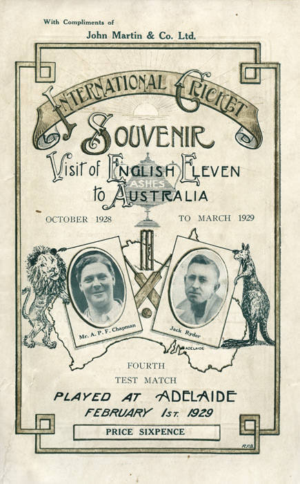 1928-29 Australia v England, rare programme for the 4th Test in Adelaide "International Cricket, Souvenir, Visit of English Eleven to Australia, October 1928 to March 1929. Fourth Test Match, Played at Adelaide, February 1st 1929". Good condition. Extreme