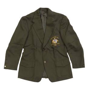 GRAEME LANGLANDS' AUSTRALIAN BLAZER, green wool with "Australian Rugby League/ (Coat-of-Arms)/ International Championship/ 1975/ Coach" embroidered on pocket. Good condition. [Graeme Langlands retired as the most-capped player for the Australian team, wit