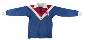 JOSE CALLE'S FRENCH (LES CHANTICLEERS) RUGBY LEAGUE JERSEY, red, white & blue with "(Rooster)/13" badge on left breast, number "1" on reverse, signed & endorsed on collar "1977 (captain) Calle Jose". Good match-used condition. [Jose Calle played 17 matche