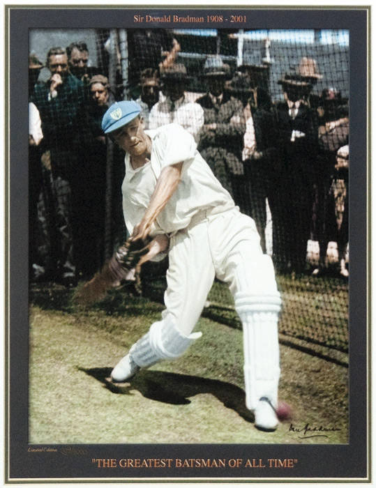 DON BRADMAN FRAMED DISPLAYS: Beautiful reprinted panoramic photograph of Bradman batting at the SCG during the 2nd Test v South Africa 1931; reprinted photograph of 1948 Invincibles; plus Don Bradman displays (5).