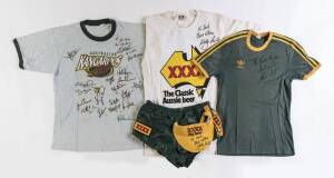 AUSTRALIA: Group of mainly signed & endorsed clothing, noted T-shirts/polos (10) with Steve Ella, Wally Lewis, Garry Jack, Brad Thorn, Shane Webcke, Wayne Bennett, Allan Langer, Wendell Sailor & 1999 team; Northern Territory tracksuit top; shorts; Ben Wal