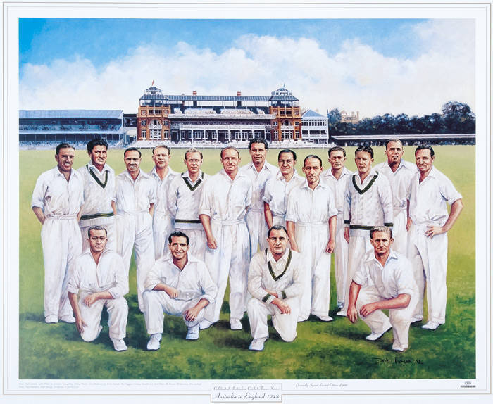 1948 AUSTRALIAN TEAM: Prints (20) "Celebrated Australian Cricket Teams Series - Australia in England 1948" by Dave Thomas, size 60x54cm.