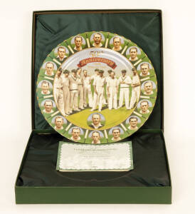 "THE INVINCIBLES", 50th Anniversary Plate by Bradford Exchange, with artwork by Brian Clinton, superb condition. Plus "Australia's Cricketing Greats" Plates (3) for Don Bradman, Allan Border & Dennis Lillee. G/VG.