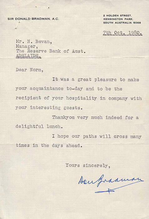 DON BRADMAN, letter dated 7th Oct.1980 to Norm Bevan (manager of the Reserve Bank of Australia) on "Sir Donald Bradman A.C." letterhead, signed in full "Don Bradman".