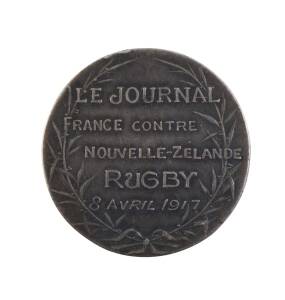 1917 FRANCE v NEW ZEALAND: Silver medal, designed by Brennus, with on front pair of rugby players, on reverse "Le journal, France contre Nouvelle-Zelande, Rugby, 8 Avril 1917". Extremely scarce. [The match was played in front of a crowd of 60,000, though 