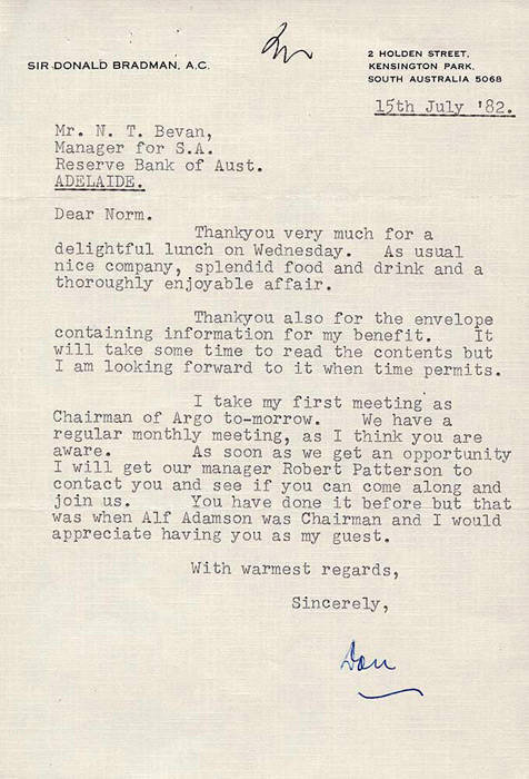 DON BRADMAN, letter dated 15th July.1982 to Norm Bevan on "Sir Donald Bradman A.C." letterhead, signed "Don".