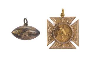 RUGBY MEDALS: 9ct gold medal, engraved on front "Eltham/ (football)/ Tournament, 1908", and on reverse "Won By H.Whittington"; football-shaped medal engraved "A.C.R.U., 7 A Side, 3rd Grade, W.Briitenden, 1919"; 9 ct gold medal with footballer on front, en