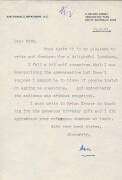 DON BRADMAN, letter dated 23rd Aug.1983 to Norm Bevan on "Sir Donald Bradman A.C." letterhead, signed "Don". Together with photocopy of a letter dated 17th Nov.1983 regarding book "Booth to Bat"; 1984 letter from Argo Investments Limited inviting Norm to