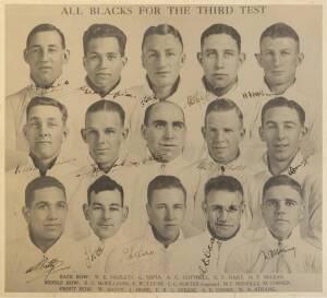 1930 ALL BLACKS, photograph "All Blacks For The Third Test" signed by all 15 players, including Cliff Porter, George Nepia & Hubert McLean, size 29x26cm.