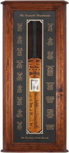 DON BRADMAN, display "Sir Donald Bradman - The Bradman World Records" comprising signed card affixed to replica "Sykes" Cricket Bat, in attractive display case, overall 51x115cm.