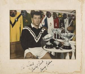 1959 ALL BLACKS, team photograph "New Zealand Rugby Representatives, First Test Dunedin 1959, Defeated British Isles 18-17", with players names on mount, overall 51x40cm; plus colour photograph of Henry Tatana signed on mount.