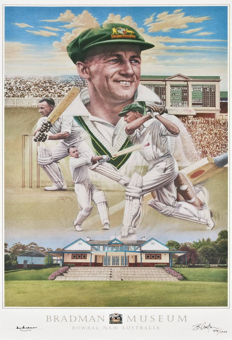 DON BRADMAN, signature on "Don Bradman" print by Brian Clinton, also signed by the artist & numbered 159/1000, published by the Bradman Museum, size 50x77cm. With CoA.