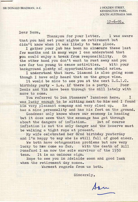 DON BRADMAN, letter dated 12th June 1991 to Norm Bevan on "Sir Donald Bradman A.C." letterhead, signed "Don", noting "With the death of Bill Ponsford I am now the sole survivor of the 1930 team"; together with envelope. Also invitation letter to Don Bradm