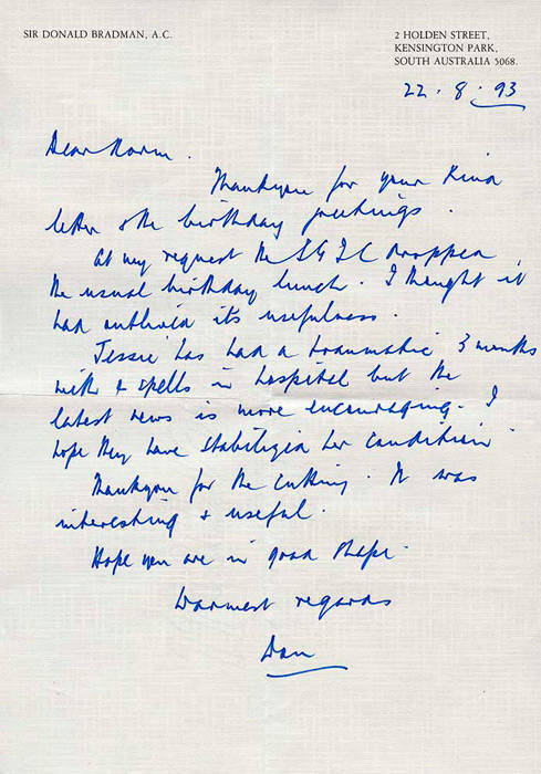 DON BRADMAN, hand-written letter dated 22nd Aug.1993 to Norm Bevan on "Sir Donald Bradman A.C." letterhead, signed "Don", thanking him for his birthday greetings; together with envelope. Also invitation letter to Don Bradman's 84th Birthday luncheon (the