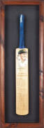 DON BRADMAN, attractive display with signature on full size Cricket Bat, with hand-painted portrait by Harv at top, and Bradman's record etched on face of blade, mounted in attractive display case, overall 38x108cm. Fine condition.