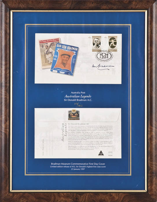 DON BRADMAN, signature on Bradman Museum "Australian Legends - Sir Donald Bradman" Commemorative FDC, dated 23 January 1997, limited edition 151/452, framed (no glass), overall 34x44cm. With CoA.