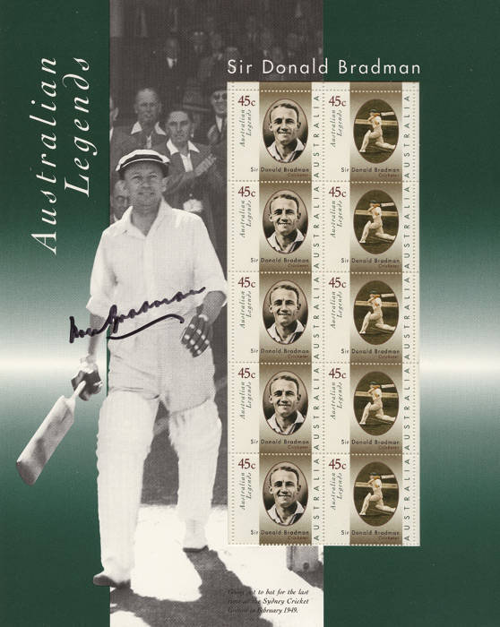 DON BRADMAN, signatures on "Australian Legends - Sir Donald Bradman" P.O.Pack & Maxi Cards (2). VG condition.