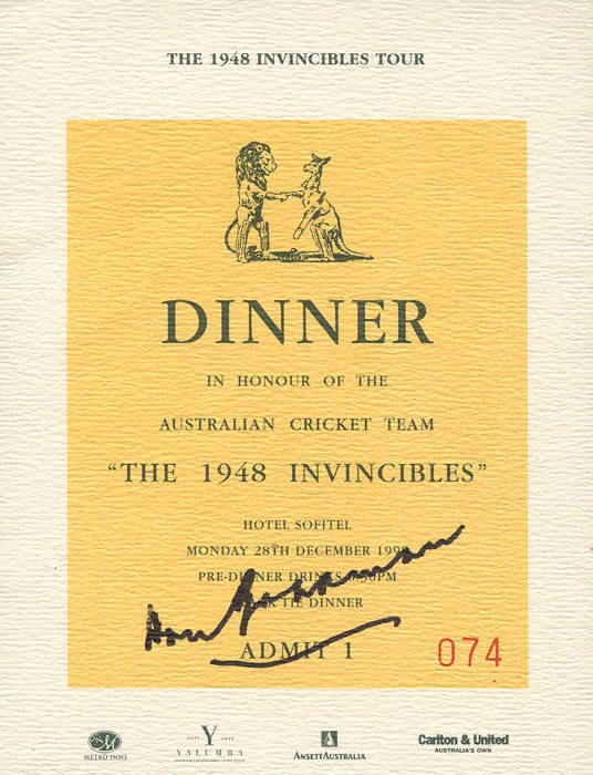 DON BRADMAN, signature on ticket to 1998 Invincibles Anniversary Dinner; plus "Vale The Don 1908-2001" P.O.Pack signed by Sachin Tendulkar & Matthew Hayden.