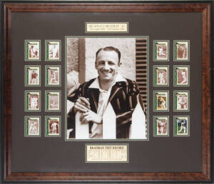 DON BRADMAN, display comprising large photograph of the Don in his South Australian blazer, window mounted with complete set of 1997 "Sir Donald Bradman AC Greatest Hits" cards [16 - one card signed], framed & glazed, overall 105x91cm.