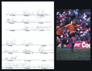 1992 Australian Wallabies team, fold-over card with 28 signatures; 1992 Leinster v Australia programme with 23 signatures; itineraries (2) for 1990 & 1996 Wallabies tours; postcard signed by Michael Lynagh; team sheet with facsimile autographs; 1996 Barba