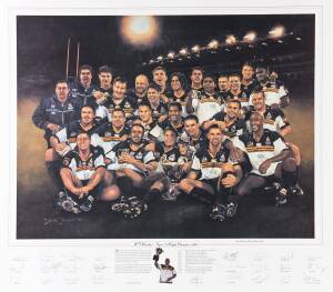 "ACT Brumbies - Super 12 Rugby Champions 2001" by Dave Thomas, each signed by 26 players including George Gregan, Stephen Larkham, Owen Finegan & David Giffen, size 82x72cm. Wholesale quantity (c590).