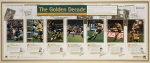 "The Golden Decade - 1991-2001 Defining Moments in Australian Rugby", display with 6 signatures - Michael Lynagh, David Campese, George Gregan, Steve Larkham, John Eales, Stirling Mortlock & Justin Harrison, window mounted, framed & glazed, overall 123x63