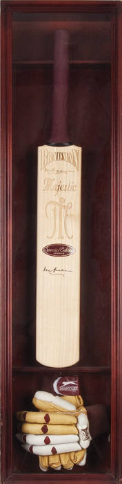 DON BRADMAN, display with signature on "Don Bradman - Majestic" Cricket Bat, in attractive display case with pair of "Slazenger - Bradman Collection" batting gloves, overall 30x120cm. With CoA.