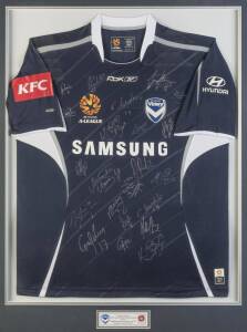 MELBOURNE VICTORY: Melbourne Victory shirt signed by 2006-07 squad (A-League Champions), with 22 signatures, framed & glazed, overall 86x107cm.