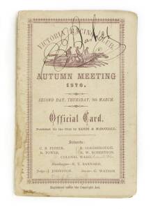 1876 VRC AUTUMN MEETING, "Victoria Racing Club, Autumn Meeting 1876. Second Day, Thursday, 9th March. Official Card", featuring VRC Sires Produce Stakes  (won by Newminster) & Australian Cup (won by Richmond). Fair/Good condition (signed on front "J.Barke