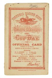 1891 MELBOURNE CUP, "Victoria Racing Club, Spring Meeting 1891, Cup Day. Official Card". (Melbourne Cup won by Malvolio). Fair/Good condition.