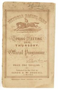 1891 VRC OAKS, "Victoria Racing Club, Spring Meeting 1891, Thursday. Official Programme". (VRC Oaks won by Tiraillerie). Fair/Good condition (covers loose).