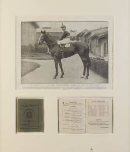 GLOAMING, display comprising racebook for 1921 Jackson Stakes at Wanganui (first), window mounted with original print from 'The Queenslander', framed & glazed, overall 63x71cm.