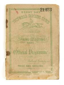 PHAR LAP'S 14th RACE: "Derby Day, Victoria Racing Club, Spring Meeting 1929, Official Programme", showing Phar Lap in the Victoria Derby (first). 14 starts. 5-1-0. Fair condition.