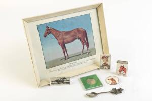 HORSE-RACING ITEMS, noted Phar Lap group (7 items) including small framed print & teaspoon; Melbourne Cup displays with 1948 Rimfire signed by jockey Ray Neville & 1976 Van Der Hum signed by R.J.Skelton; Might and Power print signed by artist.