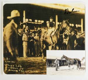 PHAR LAP, two reprinted photos, one signed by Phar Lap's first jockey Jack Baker.