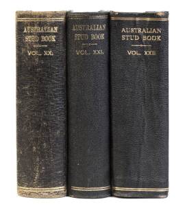 "Australian Stud Book", collection with Vol.XX [Sydney, 1944], Vol.XXI [1949], Vol.XXII [1951], Vol.XXIII [1954], Vol.XXIV [1957] (x2 & Supplement), Vol.XXV [1960], Vol.28 [1969], Vol.29 [1972] & Vol.30 [1975]. Fair/Good condition. (11 items).