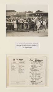 TULLOCH, display comprising racebook for 1960 L.K.S.Mackinnon Stakes at Flemington on Derby Day (first), window mounted with lovely original photograph, framed & glazed, overall 42x63cm.