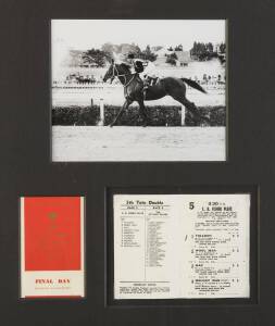 TULLOCH, display comprising racebook for 1960 C.B.Fisher Plate at Flemington on Final Day of Centenary Melbourne Cup Carnival 1960 (first), window mounted with lovely photograph, framed & glazed, overall 45x54cm.