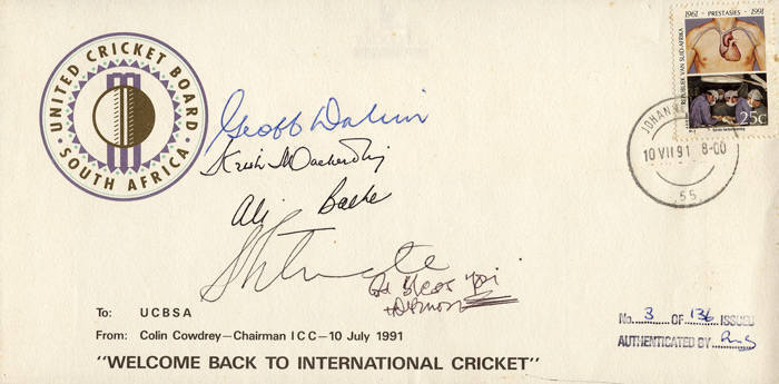 SOUTH AFRICA: 1991 "Welcome Back to International Cricket" cover with 5 signatures including Desmond Tutu; 1994 England v South Africa covers (2) - one signed by England team; other signed by former South Africa cricketers. Fair/VG condition.