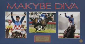 FRAMED DISPLAYS, noted Lonhro display signed by jockey Darren Beadman, window mounted, framed & glazed, overall 68x83cm; plus Makybe Diva display, window mounted, framed & glazed, overall 89x52cm. (2 items).