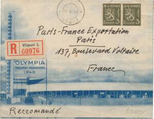 OLYMPICS POSTAL HISTORY: Covers & postcards related to 1904 St.Louis (2), 1906 Athens (2), 1908 London (2), 1924 Paris, 1940 Helsinki (2) & 1952 Helsinki.