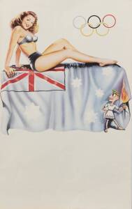 1956 MELBOURNE OLYMPICS: Calender blanks, one showing gorgeous girl seated on Australian flag; the other showing Olympic rings, torch and MCG; each 31x50cm.