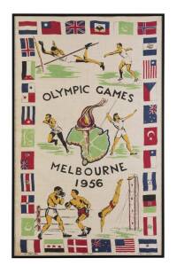 1956 MELBOURNE OLYMPICS: Tea towel "Olympic Games, Melbourne 1956" showing events, framed & glazed, overall 51x82cm.