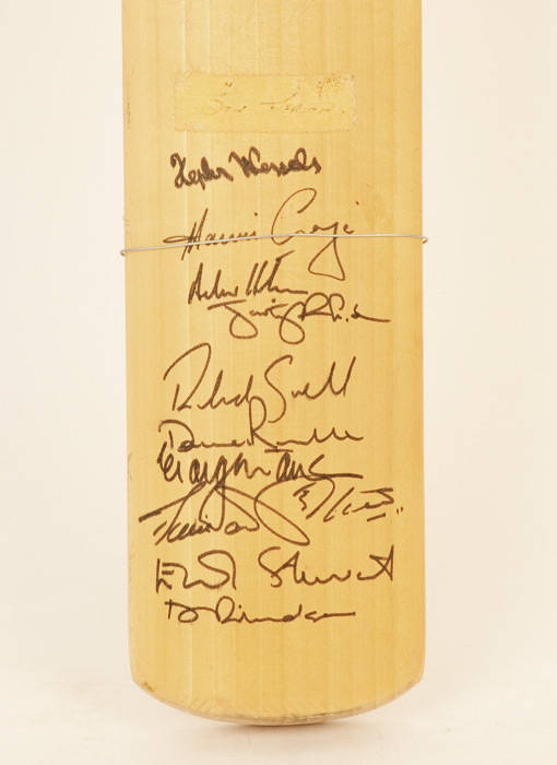 SIGNED CRICKET BATS: "Easton" Cricket bat signed by Allan Border & David Gower; plus "Gray Nicolls" Cricket Bat signed by 1993-94 Australia v South Africa with 22 signatures (some faded).