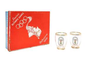 GLASSES, set of 6, each with Melbourne Olympics logo, in original box with "Souvenir, Olympic Games/ (Olympic rings, torch & map of Australia)/ Melbourne, 1956" on lid.