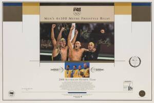 MEN'S 4x100 METRE FREESTYLE, print from "2000 Australian Olympic Team" series, signed by Michael Klim, Chris Fydler, Ashley Collins & Ian Thorpe, limited edition 132/500, window mounted, framed & glazed, overall 78x60cm. With CoA.